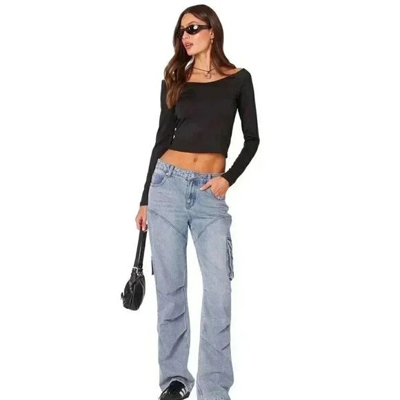 Edikted Women's Black Cotton/Spandex Tahlia Off the Shoulder Crop Top NEW - Picture 3 of 16